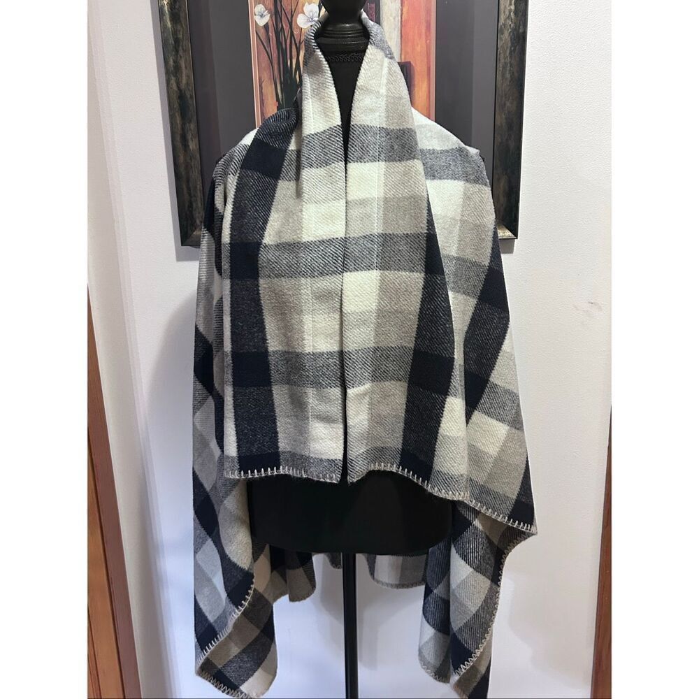 Blue & White Plaid Knit Poncho Wrap Armholes One Size fits Most